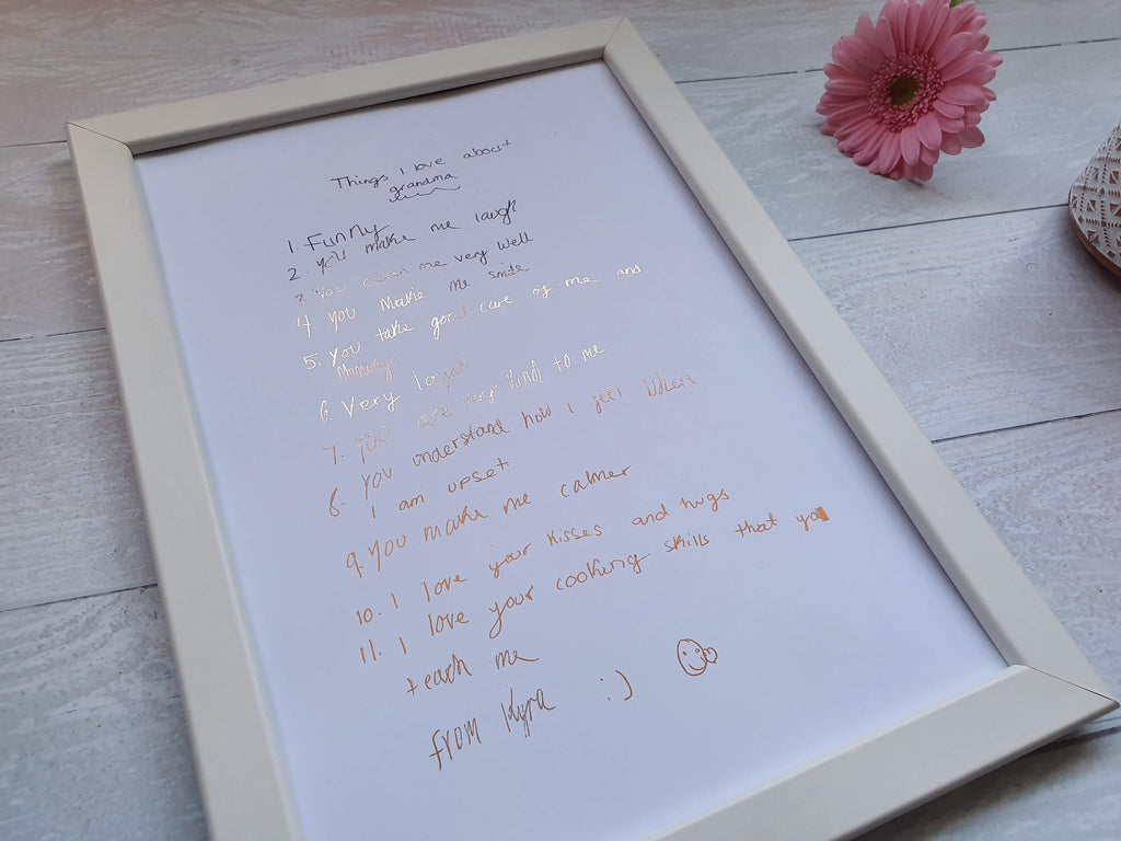 Child's handwritten list for grandma in rose gold foil, framed handwriting keepsake gift