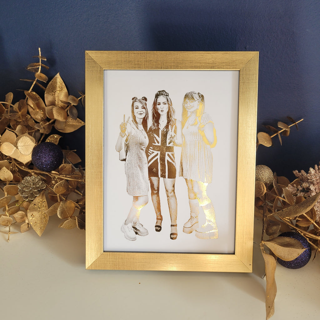 Gold foil family portrait print of 3-4 people