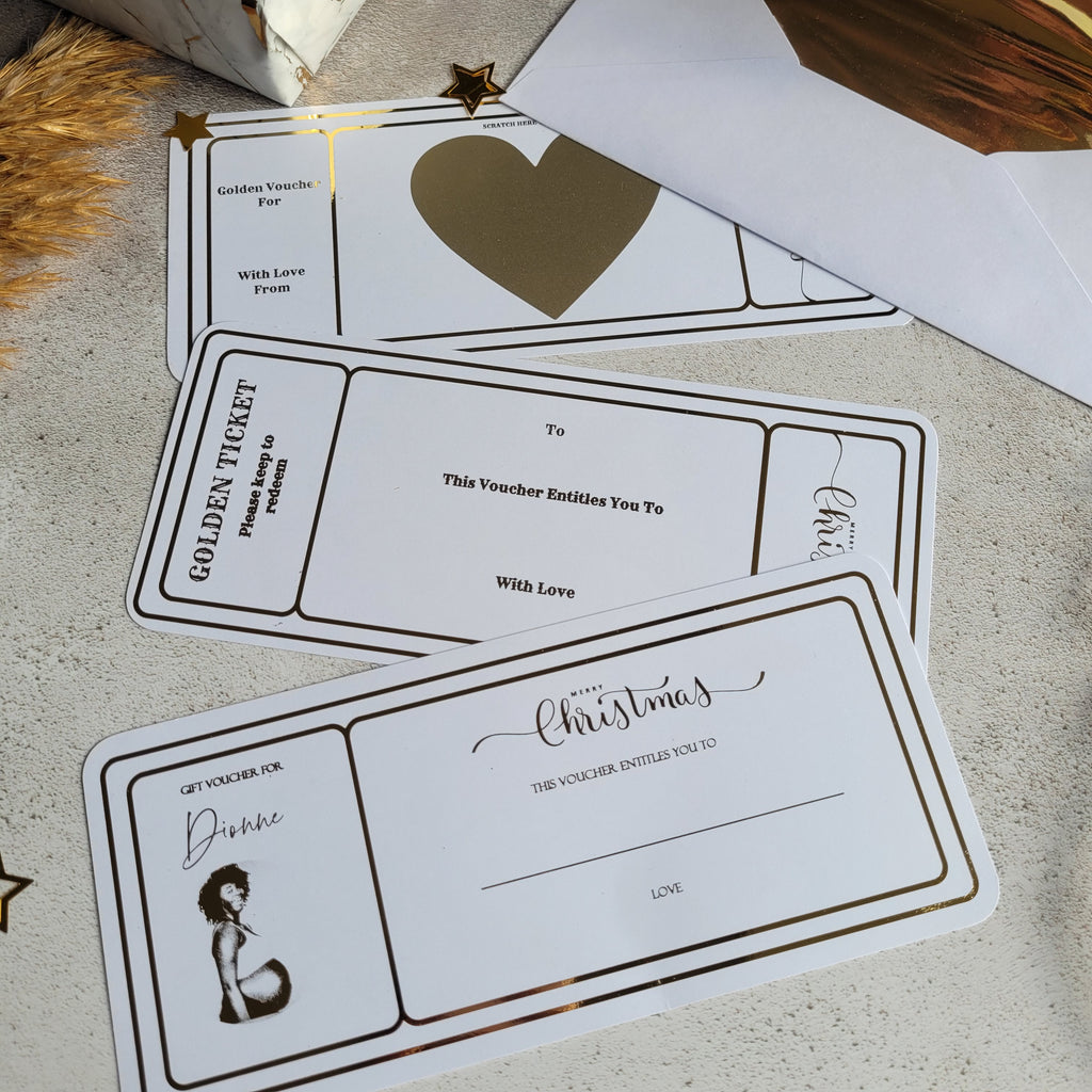 Golden ticket with gold scratch to reveal heart and write your own Christmas voucher