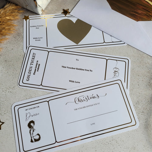 Golden ticket with gold scratch to reveal heart and write your own Christmas voucher
