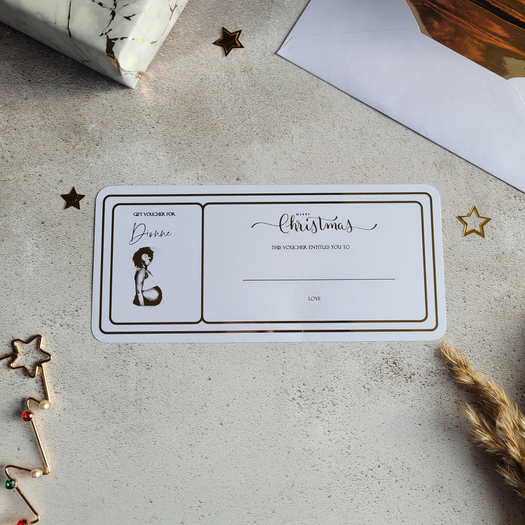 Christmas portrait gift voucher with name and foil portrait from photo
