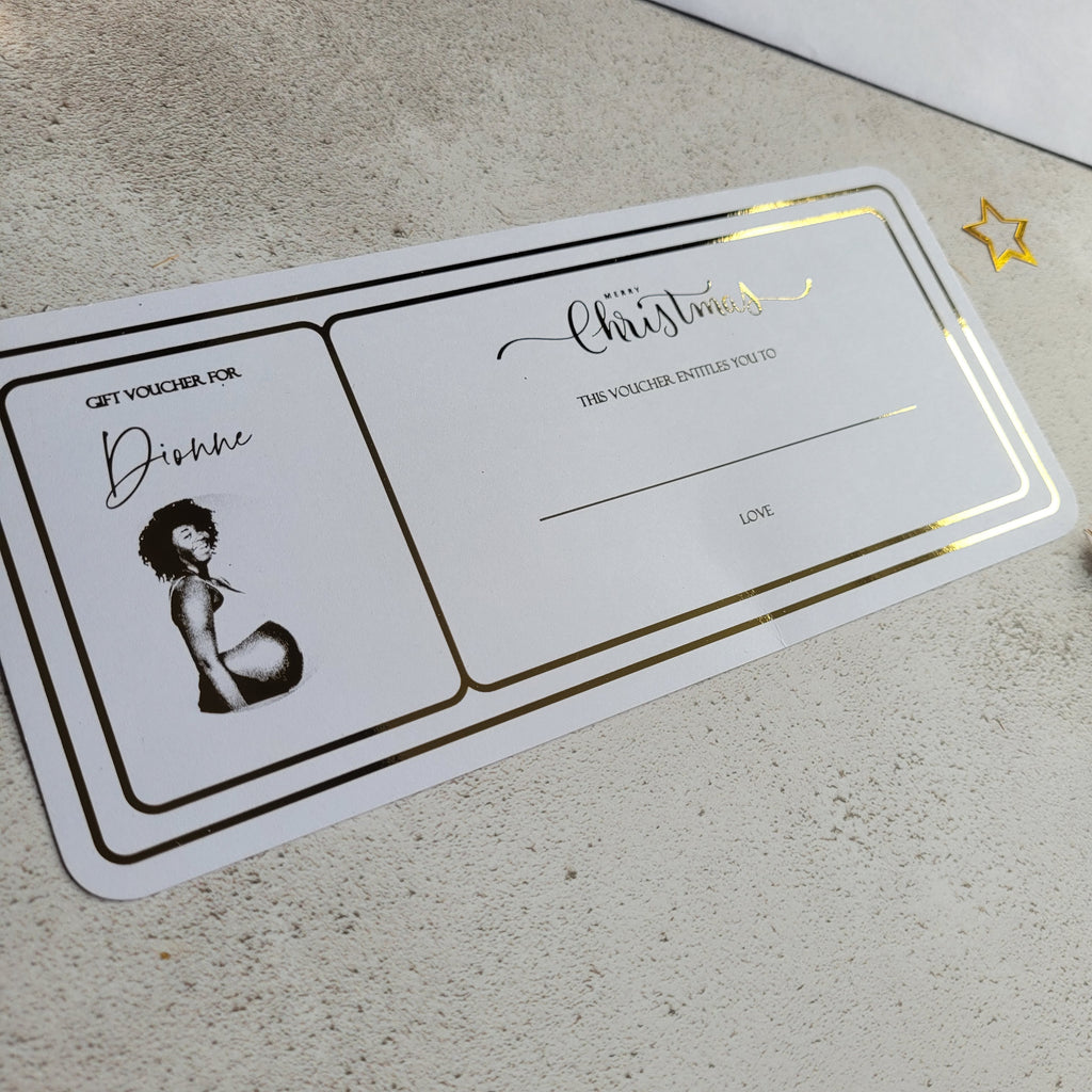 Gold foil portrait gift voucher close up, personalised golden ticket