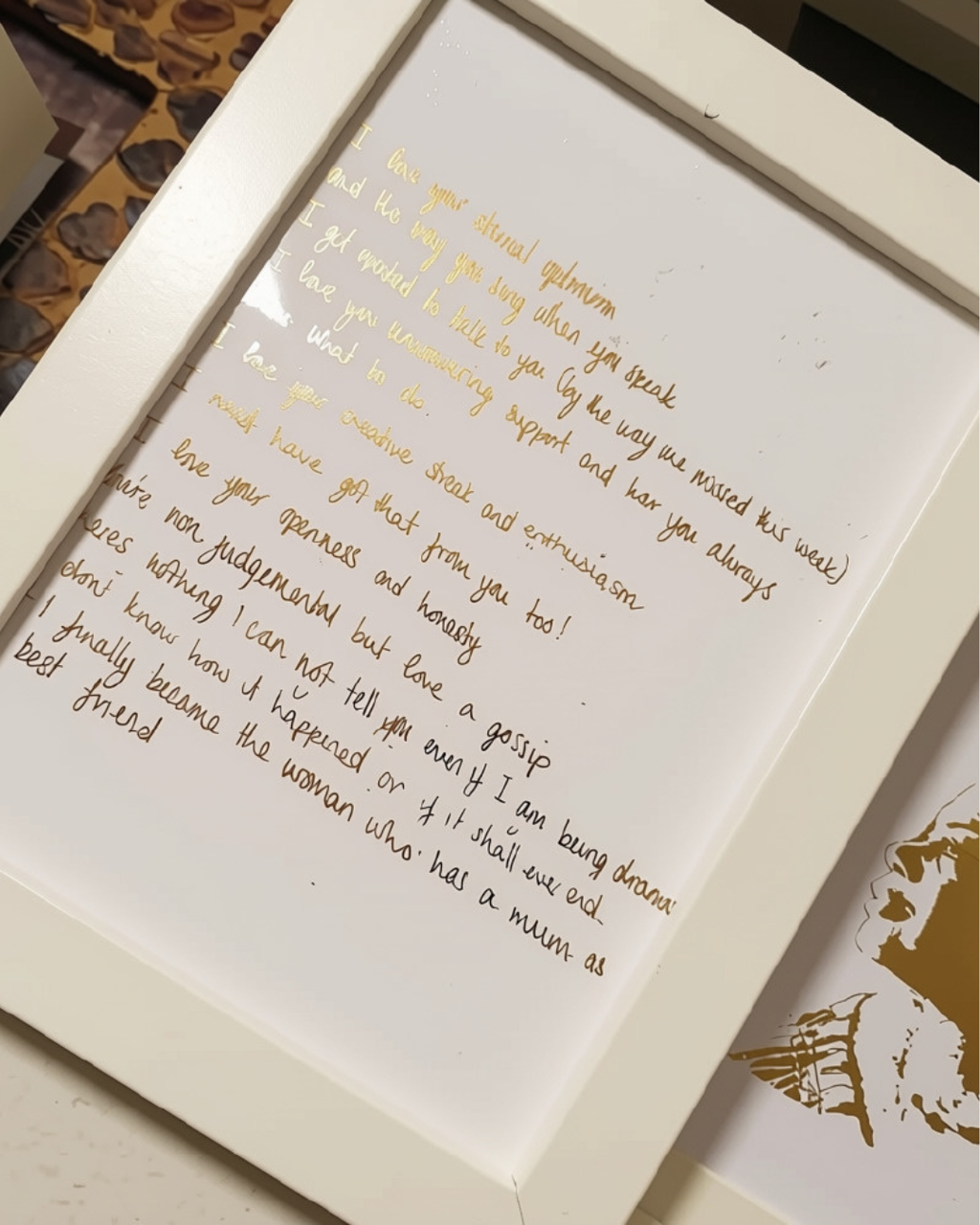 Handwritten letter to mum in gold foil, framed handwriting keepsake gift