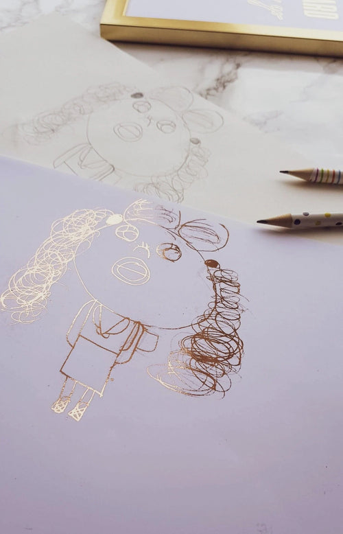 Child's drawing turned into a rose gold foil keepsake print, shown with the original