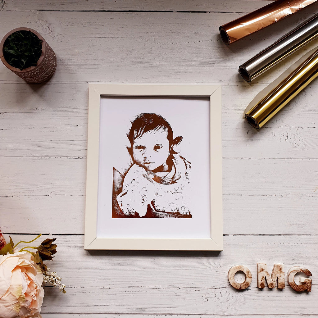 Custom foil portrait from photo in a gold frame