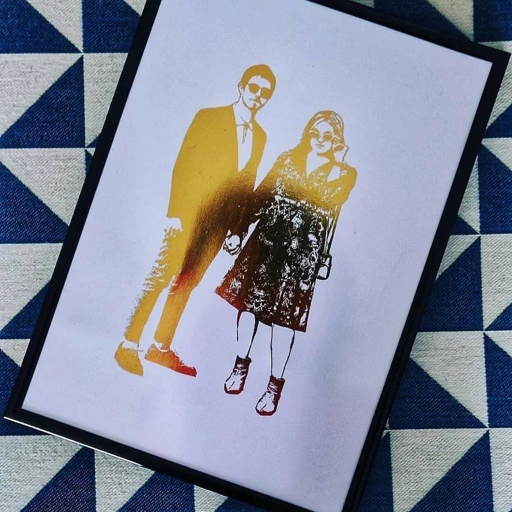 Gold foil couple portrait print, anniversary gift