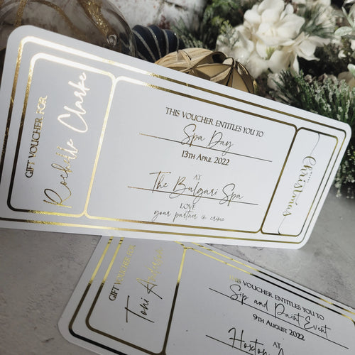 Personalised Christmas gift voucher in gold foil, golden ticket for a spa day